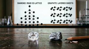 O carbono é um elemento capaz de se organizar em estruturas chamadas alótropos. Imagem gerada por inteligência artificial