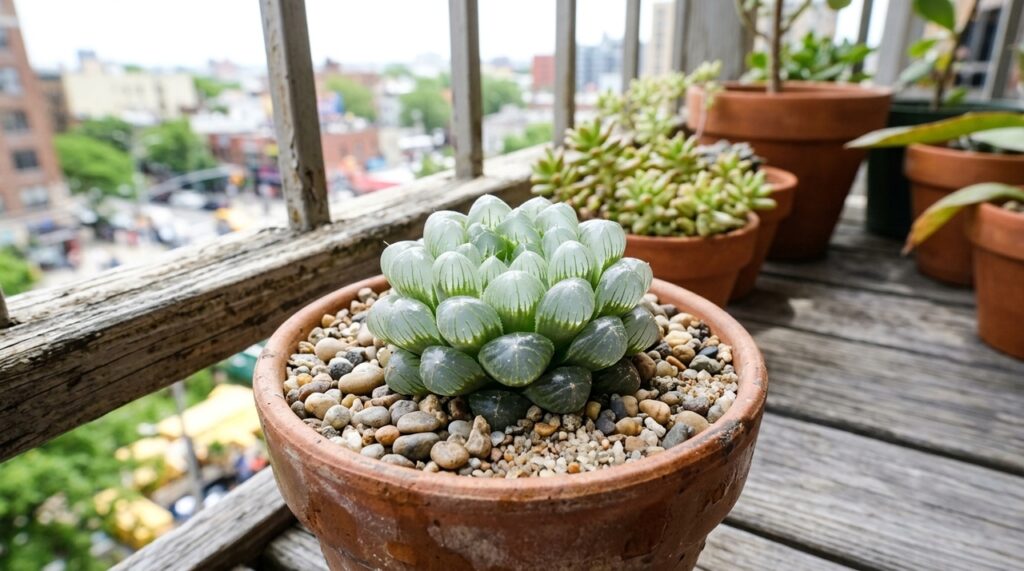 A Haworthia cooperi prefere luz forte, mas filtrada.