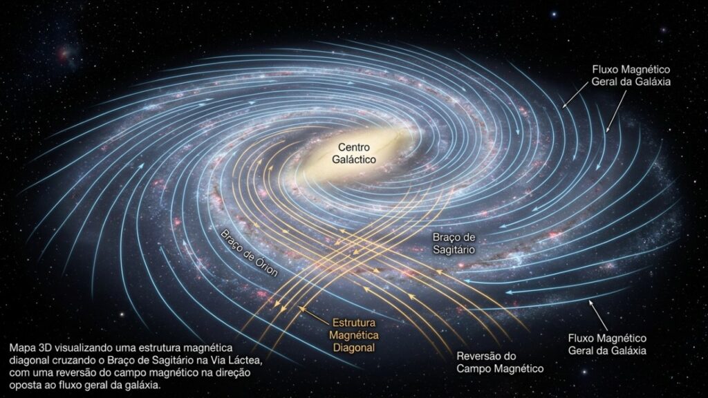 Dados obtidos por astrônomos canadenses demonstram a surpreendente inversão magnética inclinada no braço de Sagitário. – Imagem gerada por IA