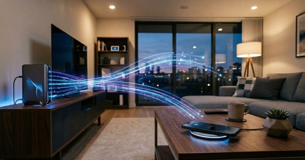 O sistema inovador de carregamento remoto elimina o uso de cabos e transmite energia pelo ar de forma automática. – Imagem gerada por IA