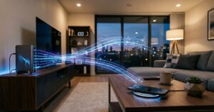 O sistema inovador de carregamento remoto elimina o uso de cabos e transmite energia pelo ar de forma automática. – Imagem gerada por IA