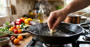 O segredo para legumes crocantes e dourados está em manter a frigideira bem quente e adicionar o sal apenas no final do preparo. – Imagem gerada por IA