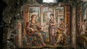As escavações em uma escola italiana revelaram afrescos e estuques bem preservados do período médio-imperial romano. – Imagem gerada por IA