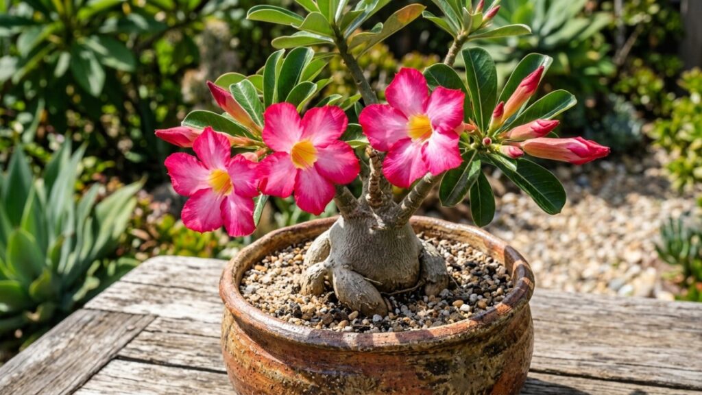 O segredo para o sucesso no cultivo da rosa do deserto é regar apenas quando a terra estiver seca. – Imagem gerada por IA