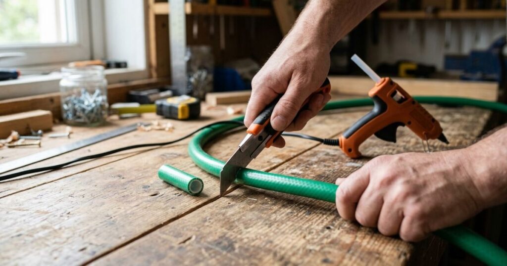 Dê uma nova utilidade para mangueiras velhas com projetos decorativos sustentáveis. – Imagem gerada por IA