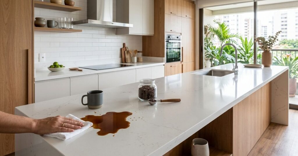 A baixa porosidade das superfícies tecnológicas simplifica a limpeza diária e impede o acúmulo de bactérias na cozinha. – Imagem gerada por IA