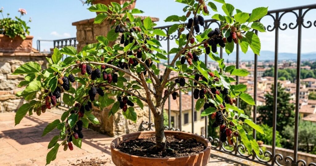 A escolha do vaso correto e a boa exposição ao sol garantem frutos doces e o desenvolvimento saudável da planta. – Imagem gerada por IA