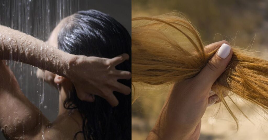 Mulher no chuveiro / Cabelo ressecado - Foto Ilustrativa