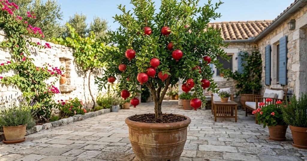 O cultivo de frutíferas em vasos permite ter um pomar produtivo e de baixa manutenção no seu quintal. – Imagem gerada por IA
