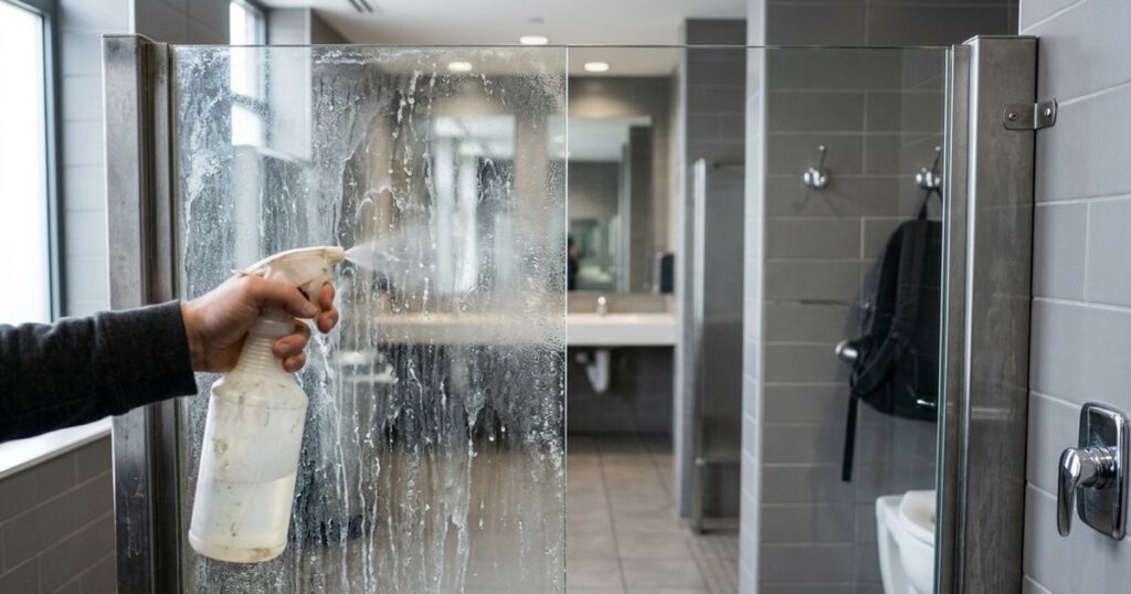 Limpeza eficiente do vidro do banheiro com produtos caseiros simples. – Imagem gerada por IA