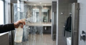 Limpeza eficiente do vidro do banheiro com produtos caseiros simples. – Imagem gerada por IA
