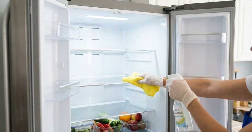 Manter a geladeira higienizada é essencial para conservar os alimentos e garantir a eficiência do aparelho. – Imagem gerada por IA