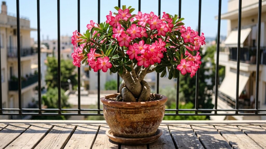 Sua alta resistência e necessidade de sol pleno tornam a rosa do deserto ideal para quem vive em apartamento. – Imagem gerada por IA