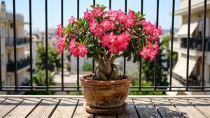 Sua alta resistência e necessidade de sol pleno tornam a rosa do deserto ideal para quem vive em apartamento. – Imagem gerada por IA