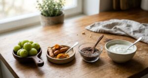 Nutrientes presentes em alimentos simples combatem os radicais livres e fornecem a base estrutural para a renovação celular do rosto. – Imagem gerada por IA
