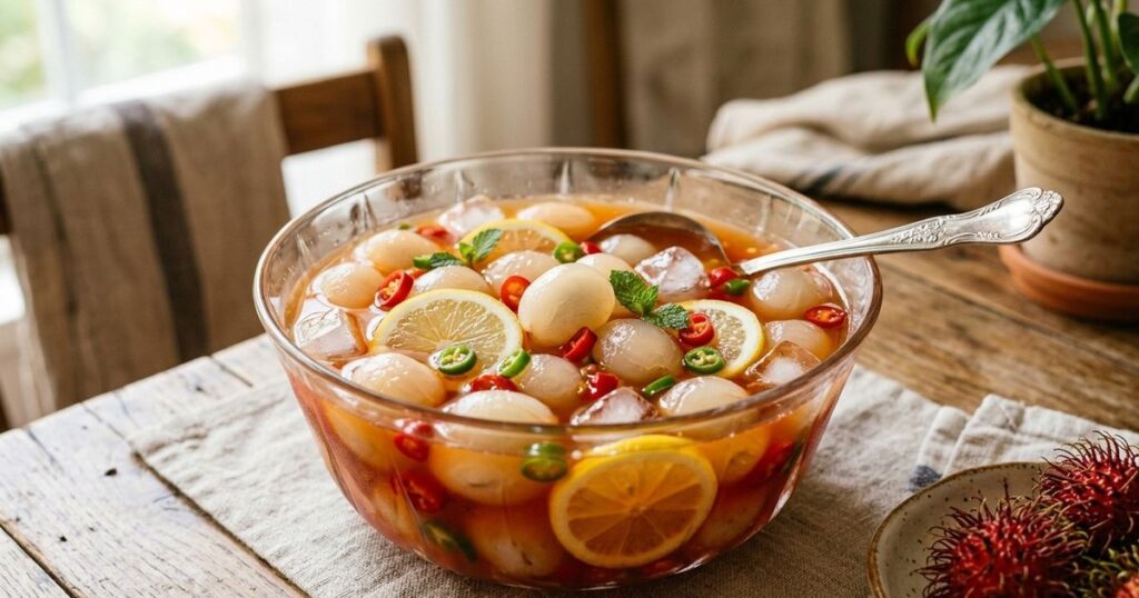 A deliciosa conserva de rambutã mistura perfeitamente o doce natural da fruta com elementos picantes. – Imagem gerada por IA