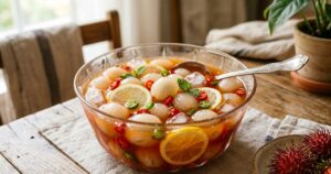 A deliciosa conserva de rambutã mistura perfeitamente o doce natural da fruta com elementos picantes. – Imagem gerada por IA