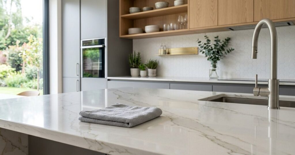 A tecnologia da Neolith une a sofisticação estética do mármore clássico à durabilidade ideal para a bancada da cozinha planejada. – Imagem gerada por IA