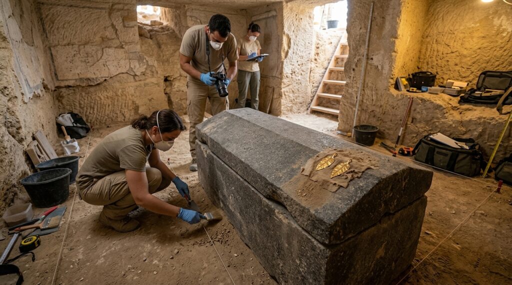 Descoberta de 18 tumbas no Egito revela sarcófago lacrado e 24 línguas de ouro