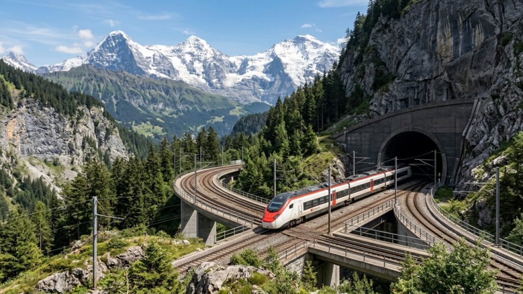 Túneis de base sob os Alpes conectam o continente com máxima eficiência e rapidez. – Imagem gerada por IA