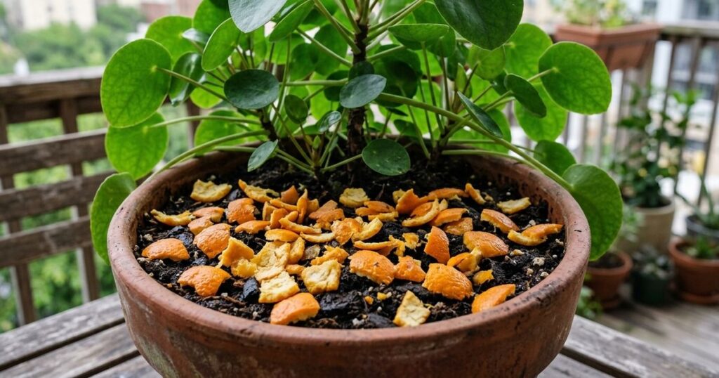 Aproveitar cascas de cítricos na jardinagem doméstica é uma forma sustentável de fortalecer suas plantas. – Imagem gerada por IA
