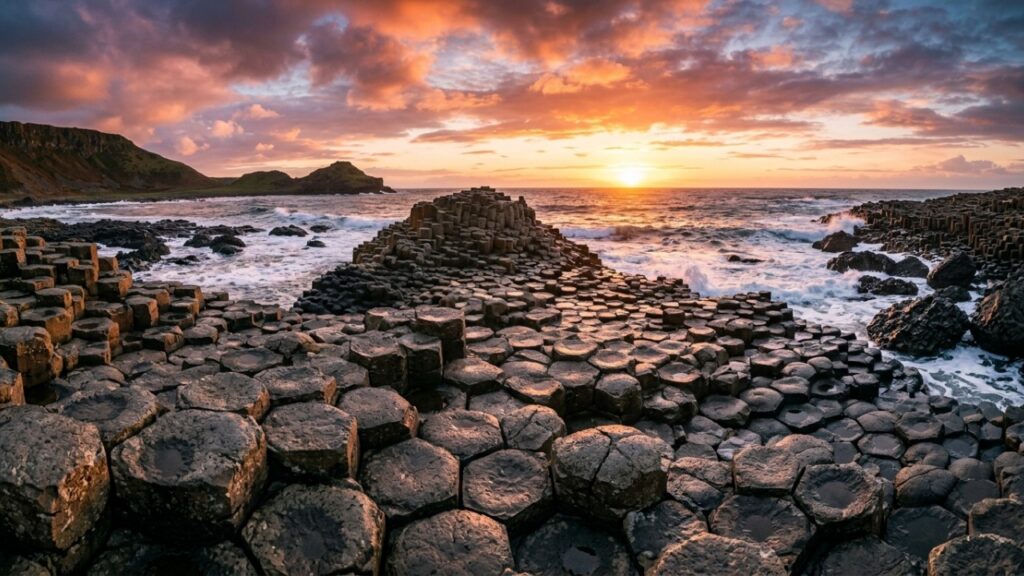 Estudos científicos comprovam que a atividade vulcânica moldou a Calçada dos Gigantes em apenas cinco milhões de anos. – Imagem gerada por IA