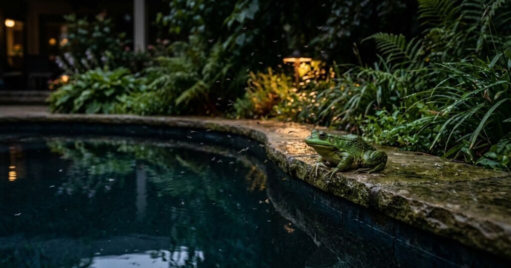 A presença de anfíbios no quintal ajuda naturalmente no controle de mosquitos e pragas. – Imagem gerada por IA