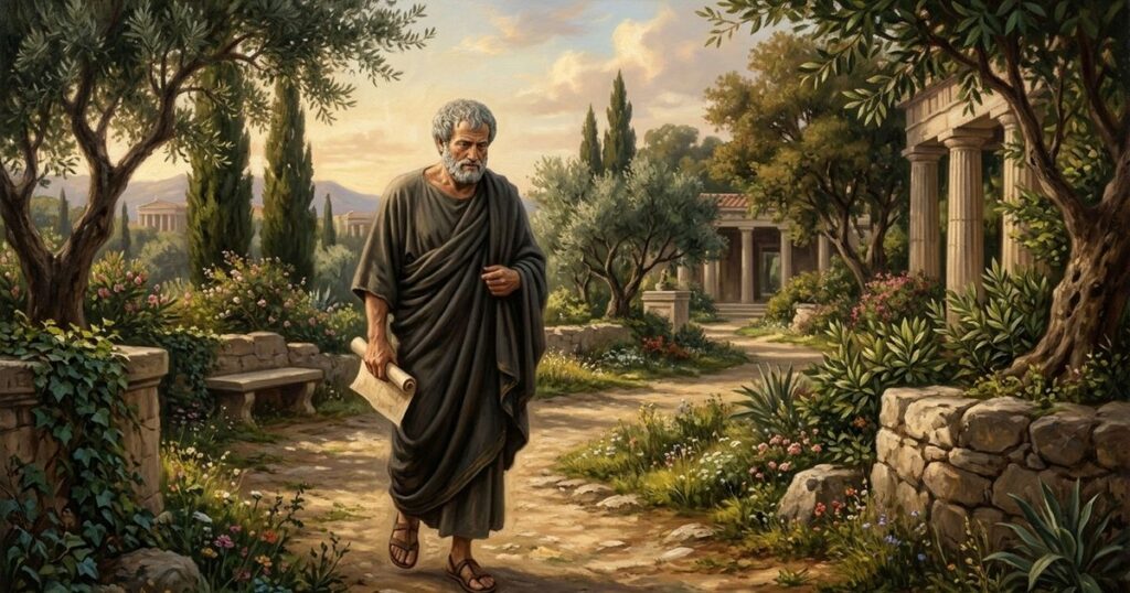 A ética aristotélica propõe que a busca pela virtude diária conduz à verdadeira plenitude. – Imagem gerada por IA