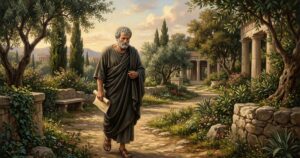 A ética aristotélica propõe que a busca pela virtude diária conduz à verdadeira plenitude. – Imagem gerada por IA