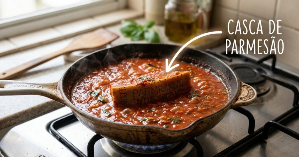 O cozimento lento com casca de parmesão eleva o sabor e a textura do seu molho caseiro. – Imagem gerada por IA