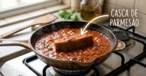 O cozimento lento com casca de parmesão eleva o sabor e a textura do seu molho caseiro. – Imagem gerada por IA
