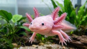 O axolote atrai a atenção de cientistas por sua capacidade única de regenerar órgãos vitais e membros inteiros. – Imagem gerada por IA
