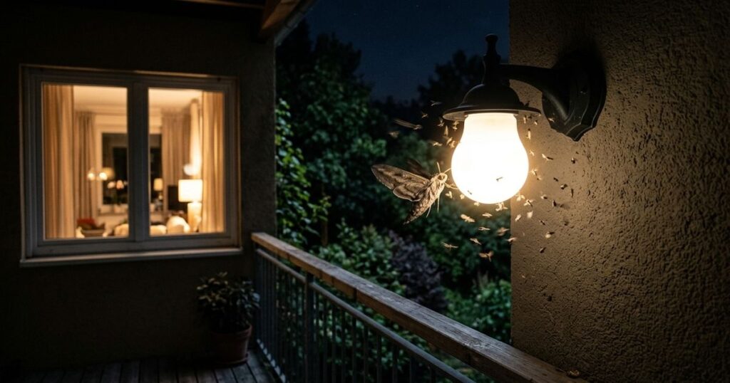 Ajustar a iluminação das residências é fundamental para proteger os polinizadores noturnos e preservar a biodiversidade local. – Imagem gerada por IA
