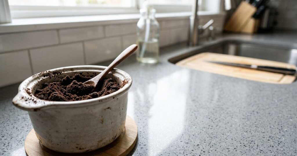 O reaproveitamento da borra de café transforma a rotina de limpeza e evita o desperdício doméstico. – Imagem gerada por IA