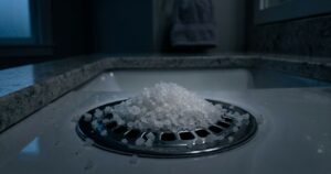 Aplicar sal grosso nos encanamentos à noite garante uma limpeza profunda e duradoura. – Imagem gerada por IA