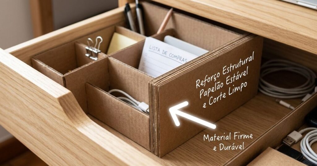 O upcycling de papelão é uma solução sustentável e econômica para organizar mantimentos. – Imagem gerada por IA