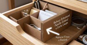 O upcycling de papelão é uma solução sustentável e econômica para organizar mantimentos. – Imagem gerada por IA