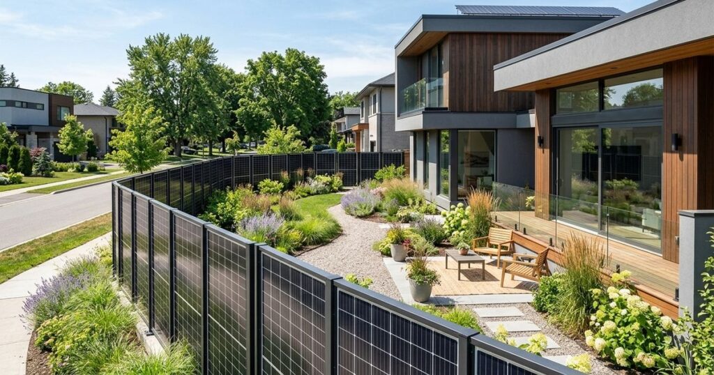 As cercas solares combinam privacidade e eficiência energética ao aproveitar superfícies verticais para a produção elétrica. – Imagem gerada por IA
