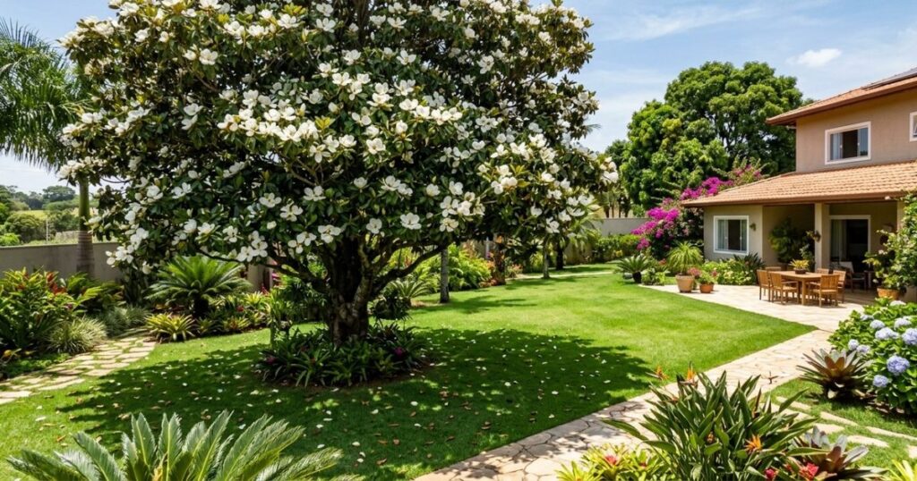Esta espécie ornamental cria ambientes aconchegantes e sofisticados para áreas de lazer. – Imagem gerada por IA