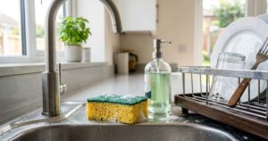 O acúmulo de umidade e restos de comida torna a esponja antiga um risco silencioso para a saúde da sua família. – Imagem gerada por IA