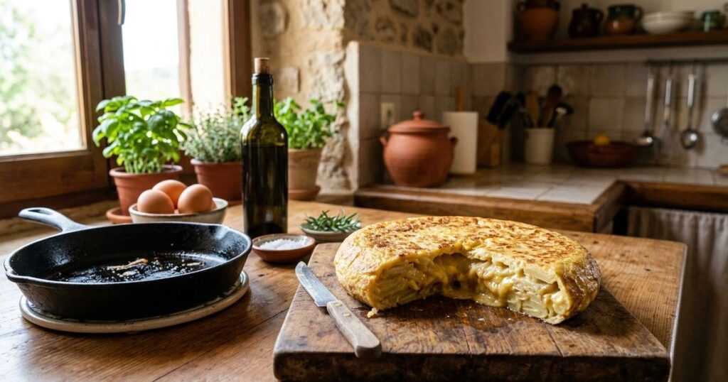 O corte uniforme das batatas e o preparo em fogo médio garantem a textura macia da tortilla. – Imagem gerada por IA