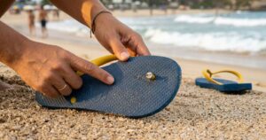 Chinelo arrebentado na praia: truques simples com elástico de cabelo para um reparo rápido