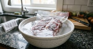 Descongelar carne rapidamente: truque simples com água, sal e vinagre acelera o preparo