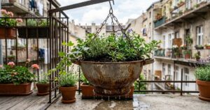 Escorredor de macarrão antigo ganha nova vida como vaso suspenso para plantas