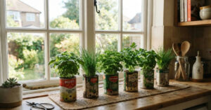 Latas de alimentos ganham nova vida como hortas de temperos na cozinha