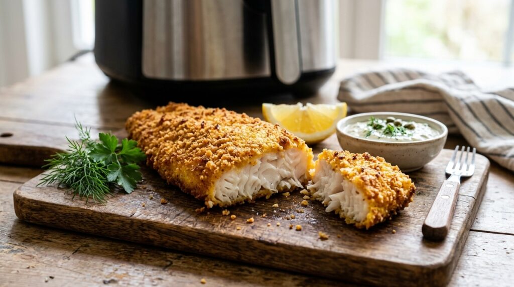 Peixe empanado crocante e dourado sem fritura: o segredo da polenta e da airfryer