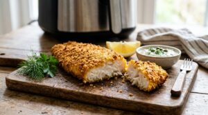 Peixe empanado crocante e dourado sem fritura: o segredo da polenta e da airfryer