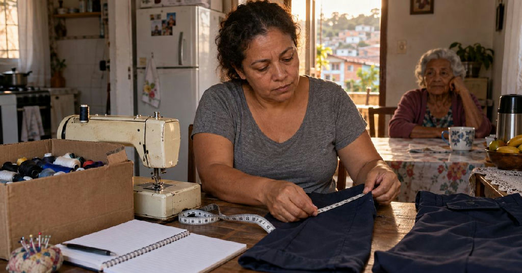 Aos 52 anos, costureira transforma mesa da cozinha em oficina e supera o desemprego
