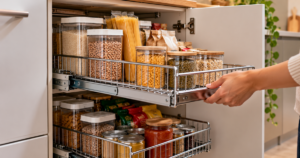 Cestos deslizantes transformam armários profundos e otimizam a rotina na cozinha