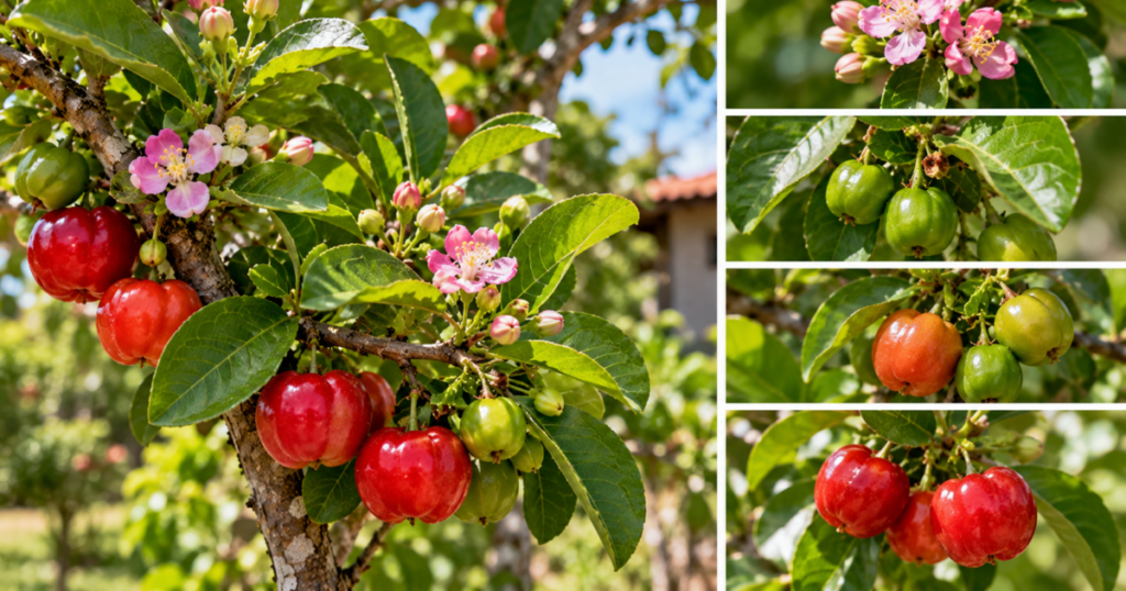Ciclo contínuo: aceroleira surpreende com floradas e frutos em diferentes estágios